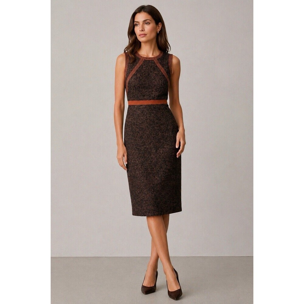 Magaschoni Wool Blend Sheath Dress Brown Tweed Sleeveless Career Midi 6